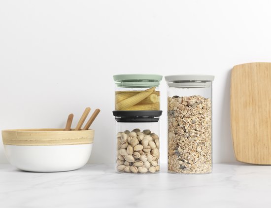 Brabantia Bocaux en verre empilables, set de 0,3 - 0,6 - 1,1 litre - Light Grey, Dark Grey en Jade Green