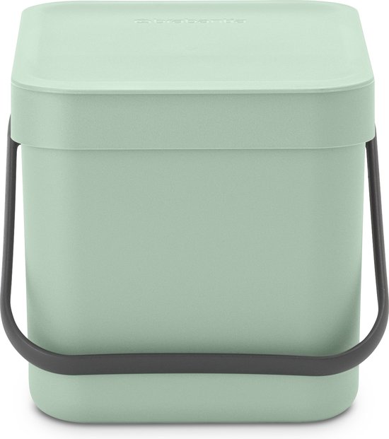 Lichtgroene afvalbak van 6 liter met handvat en gesloten deksel. Ideaal voor aanrecht.