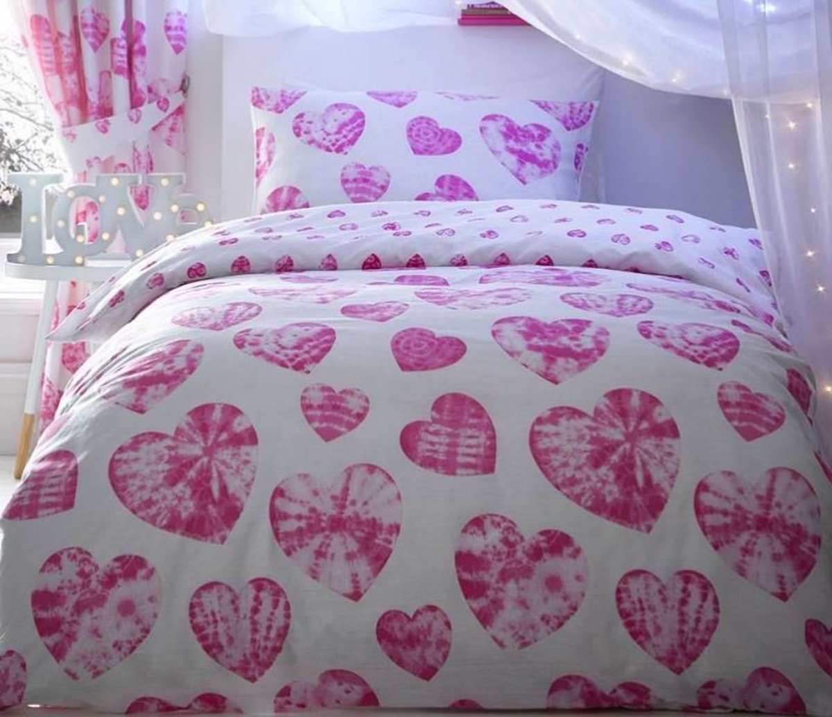 Harten lits-jumeaux dekbedovertrek met 2 kussenslopen - Roze hartjes