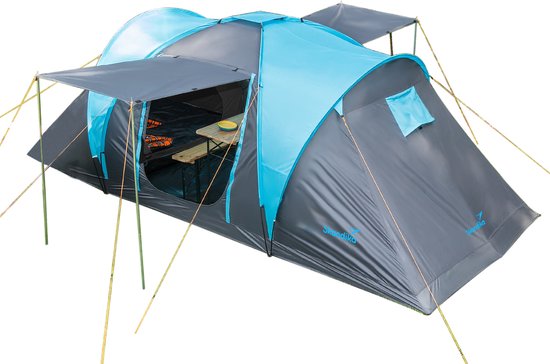 Skandika Hammerfest 4 Protect Tent – Tenten – Koepeltent - Campingtent – Voor 4 personen – ingenaaide tentvloer – 200 cm stahoogte - Muggengaas – 2 slaapcabines – 220x500x200 cm (LxBxH) - 2000 mm waterkolom – Outdoor, Tuin - Kamperen – grijs/blauw