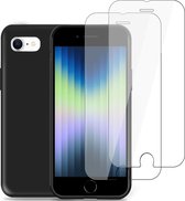 Geschikt voor iPhone SE 2022 Hoesje + 2x Screenprotector – Gehard Glas Cover - Suède Case Zwart