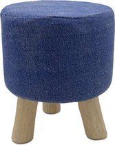 Kruk Stone Washed - Ø 35 cm Hoogte 45 cm - Poef met teakhouten poten - Jeans Blauw