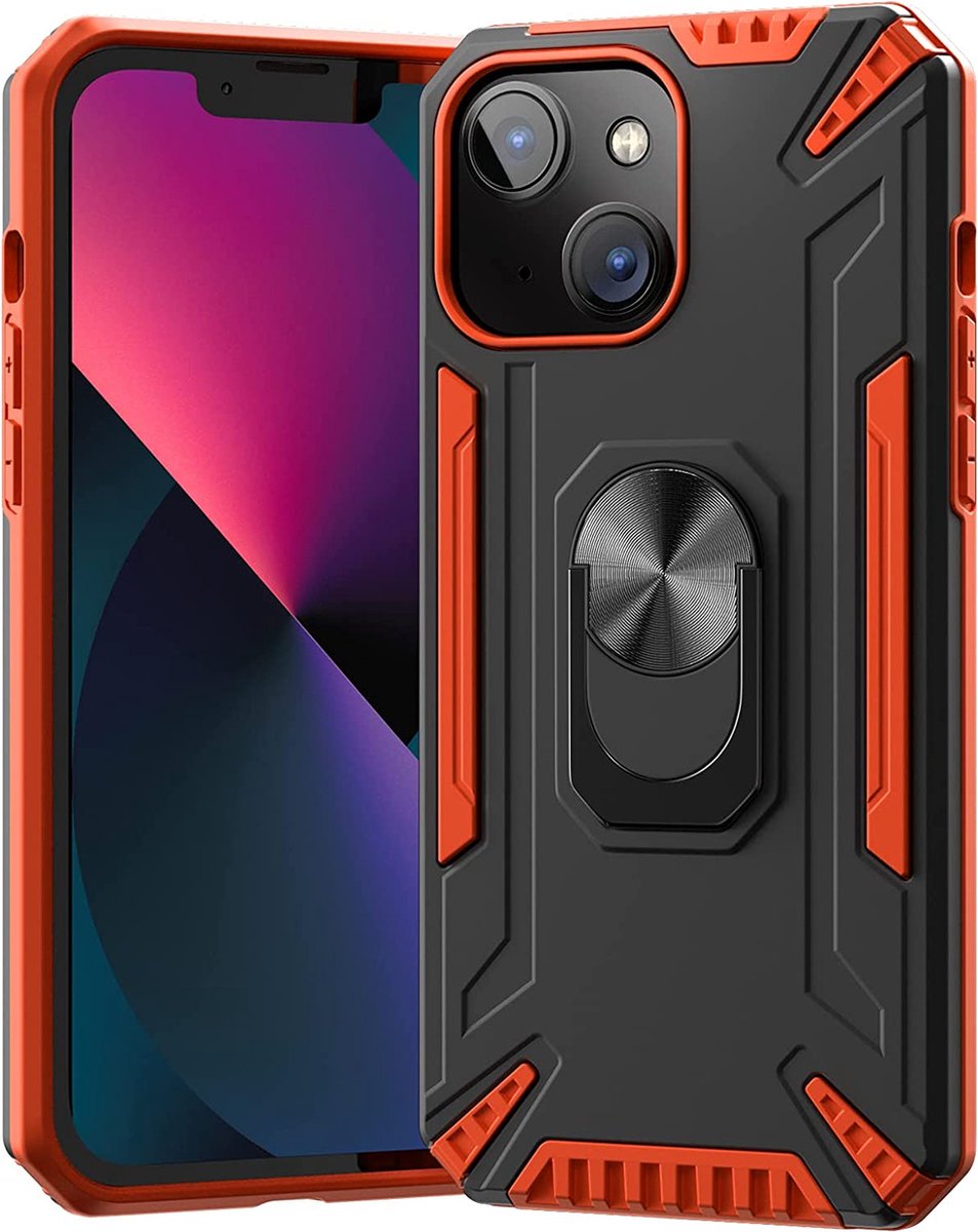 Dawngrey-hoesje voor mobiele telefoon voor iPhone 13 Mini-hoesje met magnetische autohouder, gepantserd ontwerp met geïntegreerde 360 ​​° roterende ringstandaard voor slag- en schokbestendigheid (oranje)