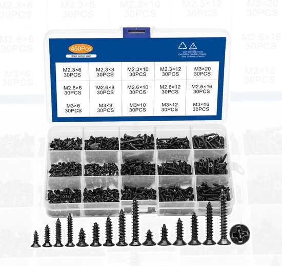 Set van 450 mini schroefjes (M2.3, M2.6, M3.0, verzonken, zwart) | bol.com