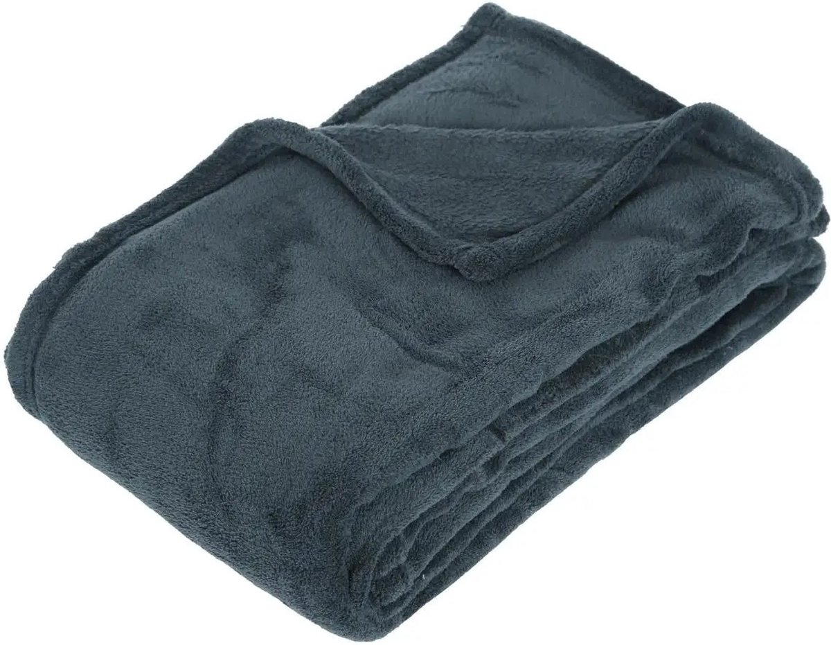 Atmosphera Fleece deken of plaid harig - donkergrijs/blauw - 130 x 180 cm - polyester - Bankdeken - Fleece plaid Dark grey