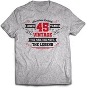 45 Jaar Legend - Feest kado T-Shirt Heren / Dames - Antraciet Grijs / Rood - Perfect Verjaardag Cadeau Shirt - grappige Spreuken, Zinnen en Teksten. Maat M