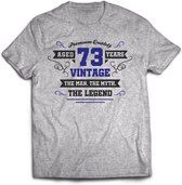 73 Jaar Legend - Feest kado T-Shirt Heren / Dames - Antraciet Grijs / Donker Blauw - Perfect Verjaardag Cadeau Shirt - grappige Spreuken, Zinnen en Teksten. Maat L