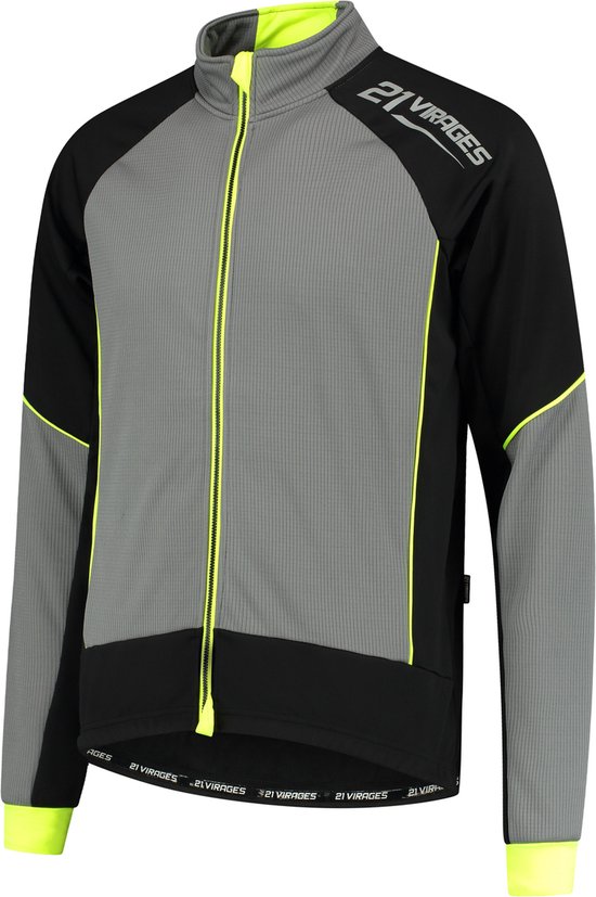 Fietsjack in zwart en grijs met fluo-gele accenten en rits. Het jack heeft een opstaande kraag en lange mouwen.