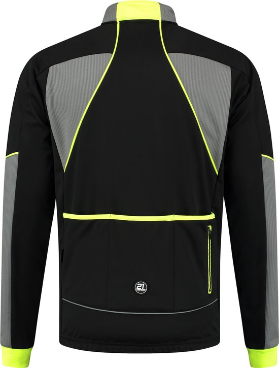 Achterkant van zwarte fietsjack met grijze panelen, neon gele accenten, zakken en reflecterende details.