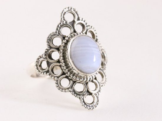 Opengewerkte zilveren ring met blauwe lace agaat - maat 18.5