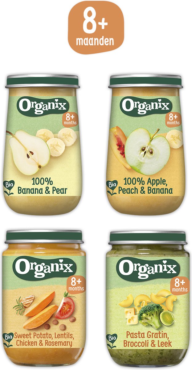 Organix Fruit & Maaltijden Box - Babyhapjes - Fruithapjes - 100% biologische babyvoeding - Geen onnodige toevoegingen - 8+ maanden - 24 stuks