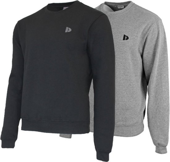 Donnay ronde hals sweaters in het zwart en grijs, beide met een geborduurd logo op de borst.