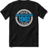 1981 Limited Edition | Feest Kado T-Shirt Heren - Dames | Wit - Blauw | Perfect Verjaardag Cadeau Shirt | Grappige Spreuken - Zinnen - Teksten | Maat L