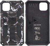 Hoesje Geschikt voor iPhone 11 Pro Max Hoesje - Rugged Extreme Backcover Marmer Camouflage met Kickstand - Zwart
