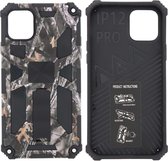 Hoesje Geschikt voor iPhone 12 (Pro) Hoesje - Rugged Extreme Backcover Takjes Camouflage met Kickstand - Grijs
