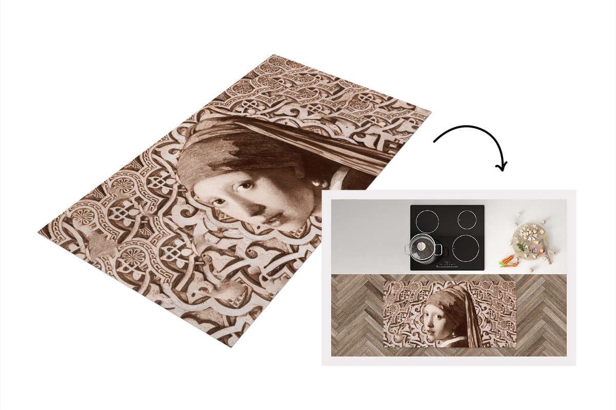 KitchenYeah Keukenloper - Loper keuken - Meisje met de parel - Patronen - Vermeer - 120x60 cm - Keukenloper vinyl Multicolor