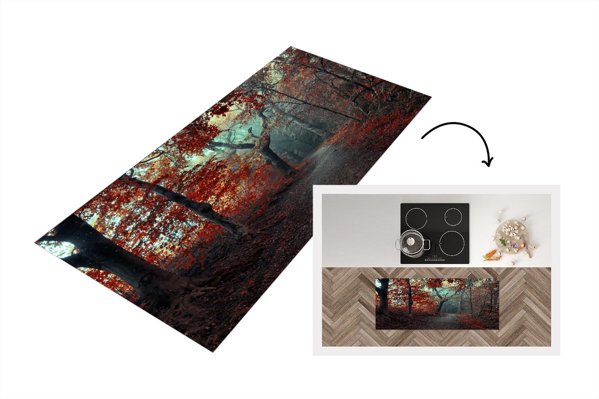 KitchenYeah Keukenloper - Loper keuken - Bospad - Bomen - Pad door Bos - Herfst - 120x50 cm - Keukenloper vinyl Multicolor