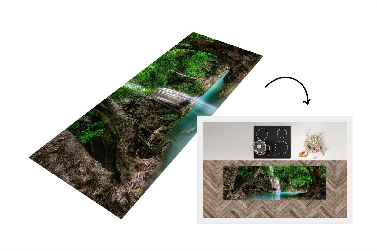 KitchenYeah Keukenloper - Loper keuken - Erawan Waterval in jungle Thailand foto - 180x60 cm - Keukenloper vinyl Multicolor