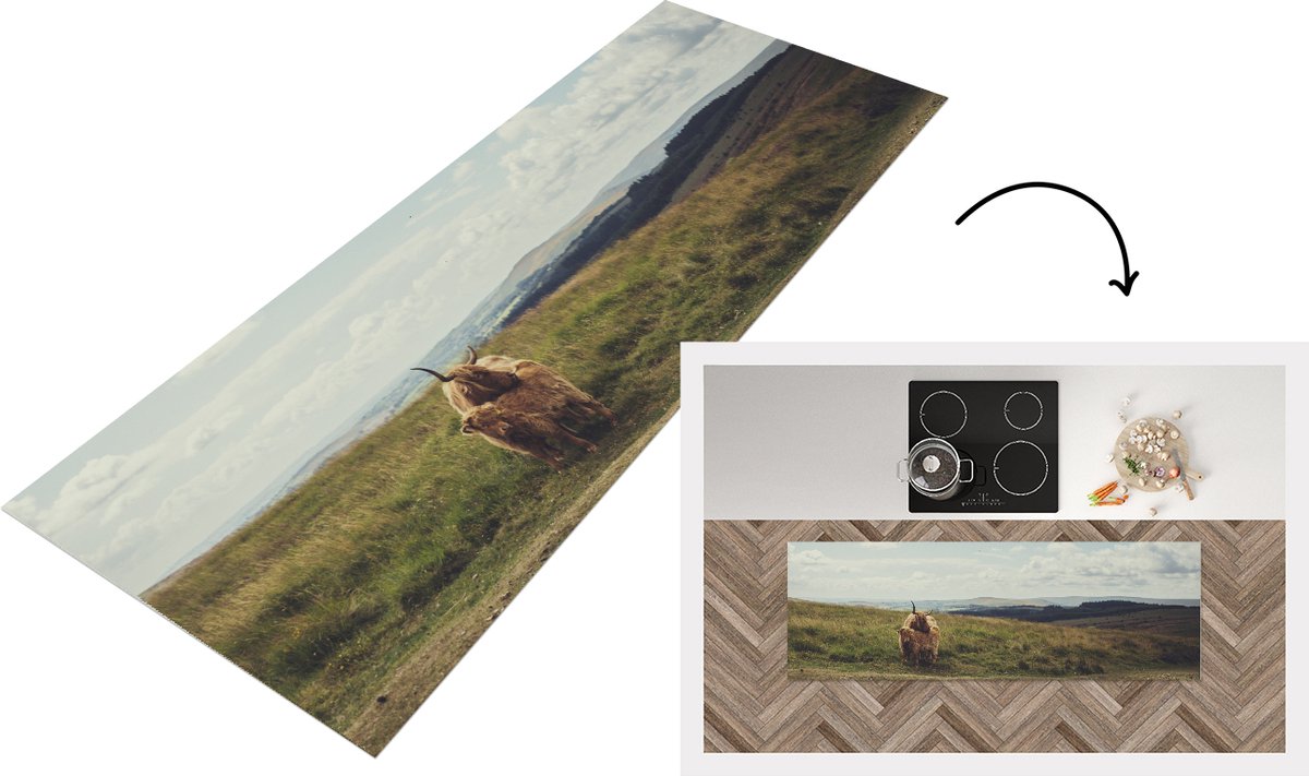 Keukenloper - Loper keuken - Schotse Hooglanders - Gras - Wolken - Dieren - 150x50 cm - Ke