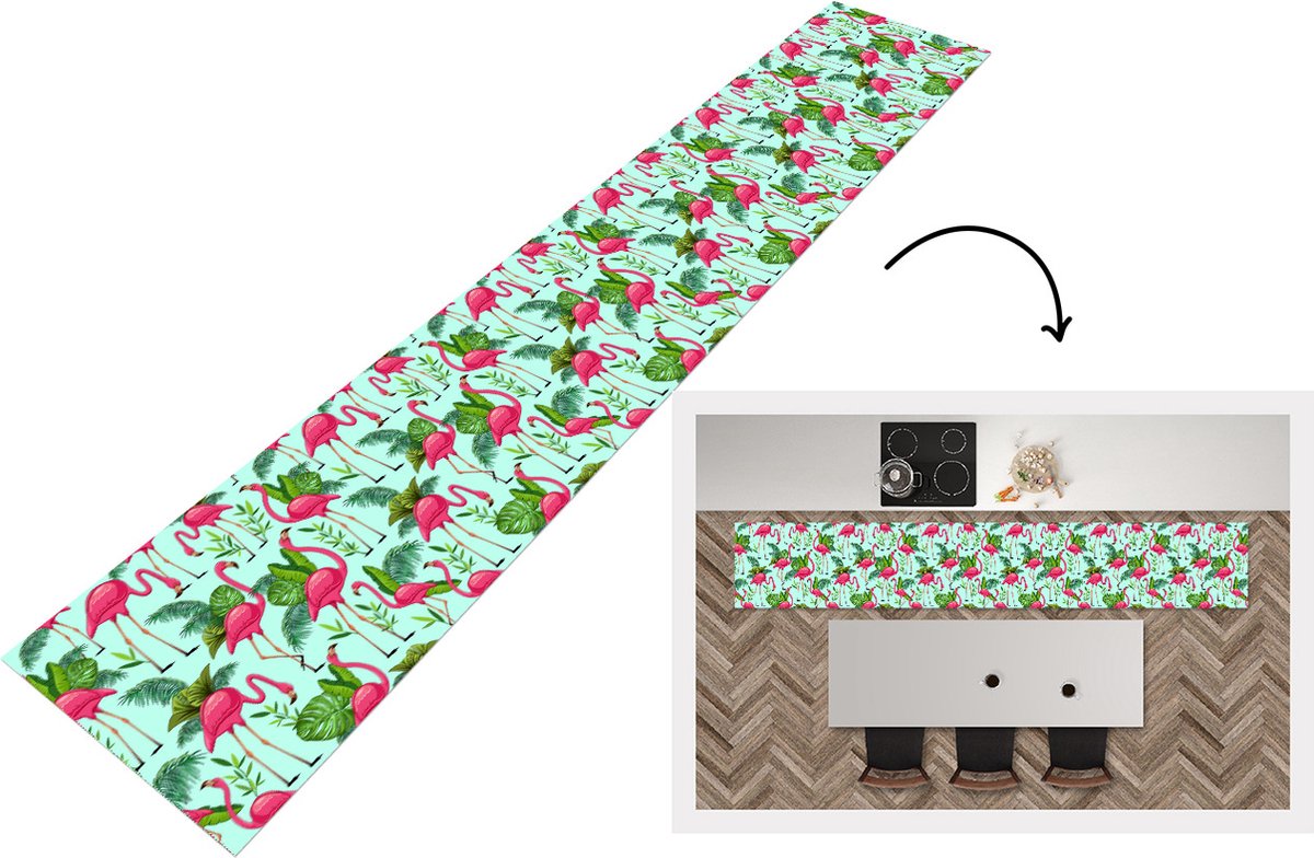 KitchenYeah Keukenloper - Loper keuken - Flamingo - Jungle - Tropisch - Dieren - Patroon - 300x50 cm - Keukenloper vinyl Multicolor