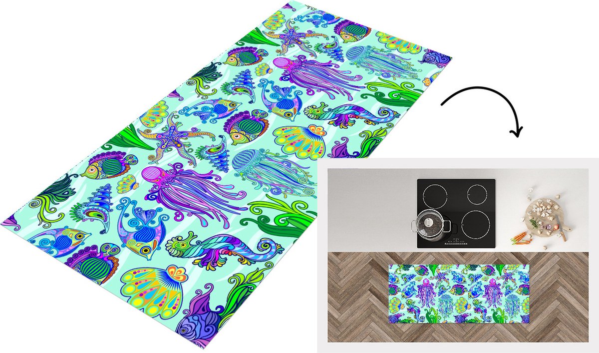 KitchenYeah Keukenloper - Loper keuken - Dieren - Regenboog - Vissen - Patronen - 120x50 cm - Keukenloper vinyl Multicolor