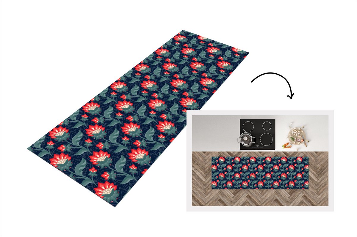 KitchenYeah Keukenloper - Loper keuken - Design - Bloemen - Rood - 180x60 cm - Keukenloper vinyl Multicolor