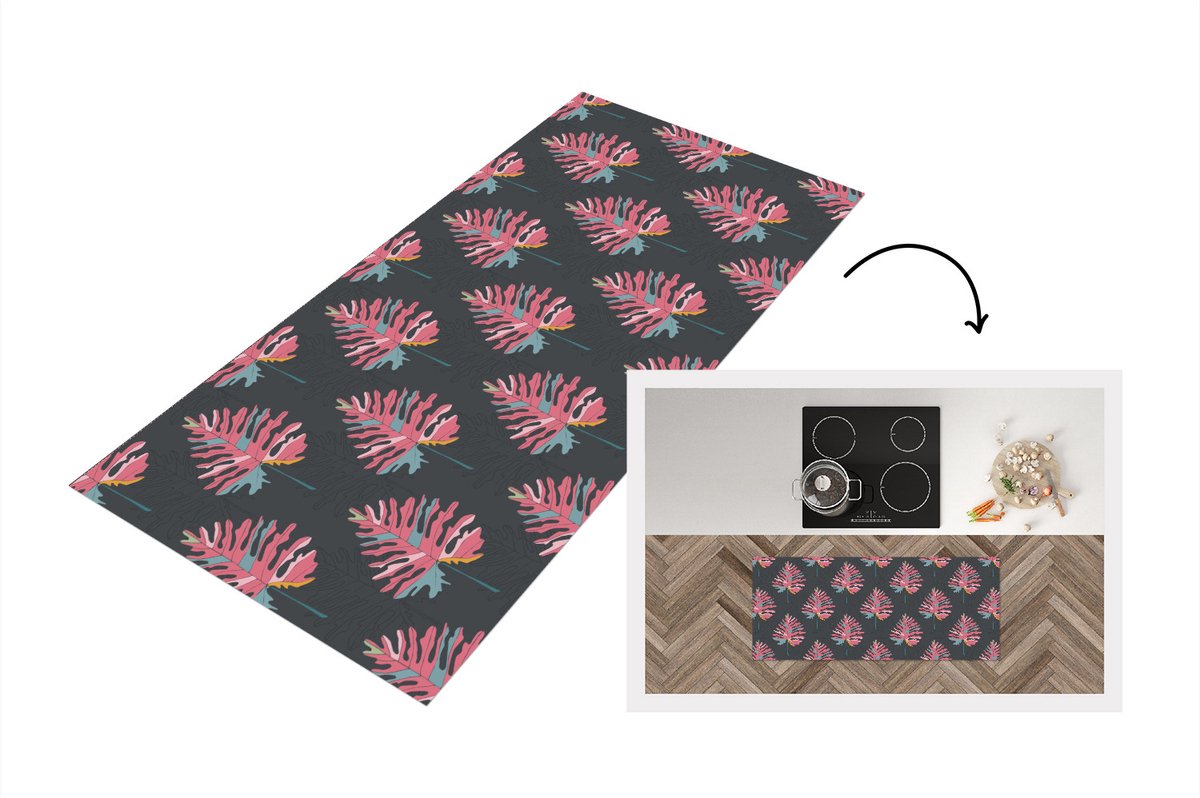 KitchenYeah Keukenloper - Loper keuken - Blad - Boom - Patroon - Roze - Keukenloper vinyl Multicolor