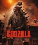 Godzilla torent hoog boven een stad uit, met helikopters en parachutisten.