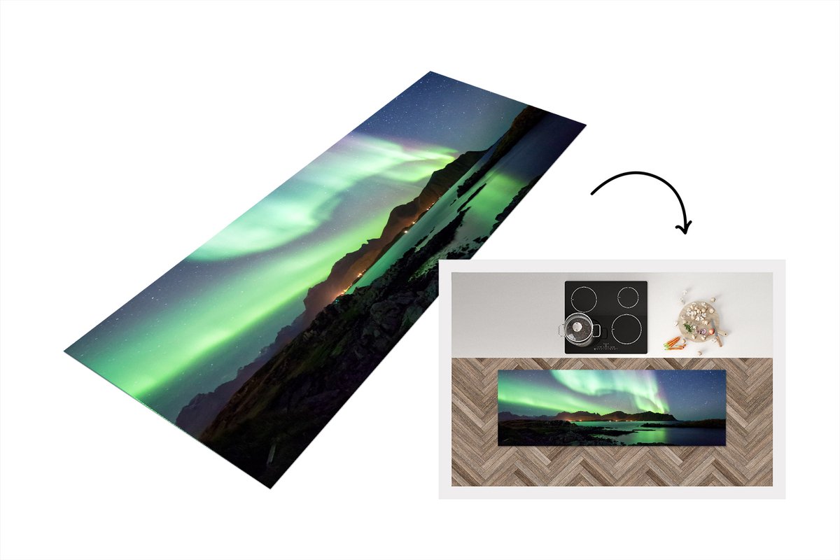 KitchenYeah Keukenloper - Loper keuken - Noorderlicht - Groen - Paars - Sterrenhemel - 180x60 cm - Keukenloper vinyl Multicolor