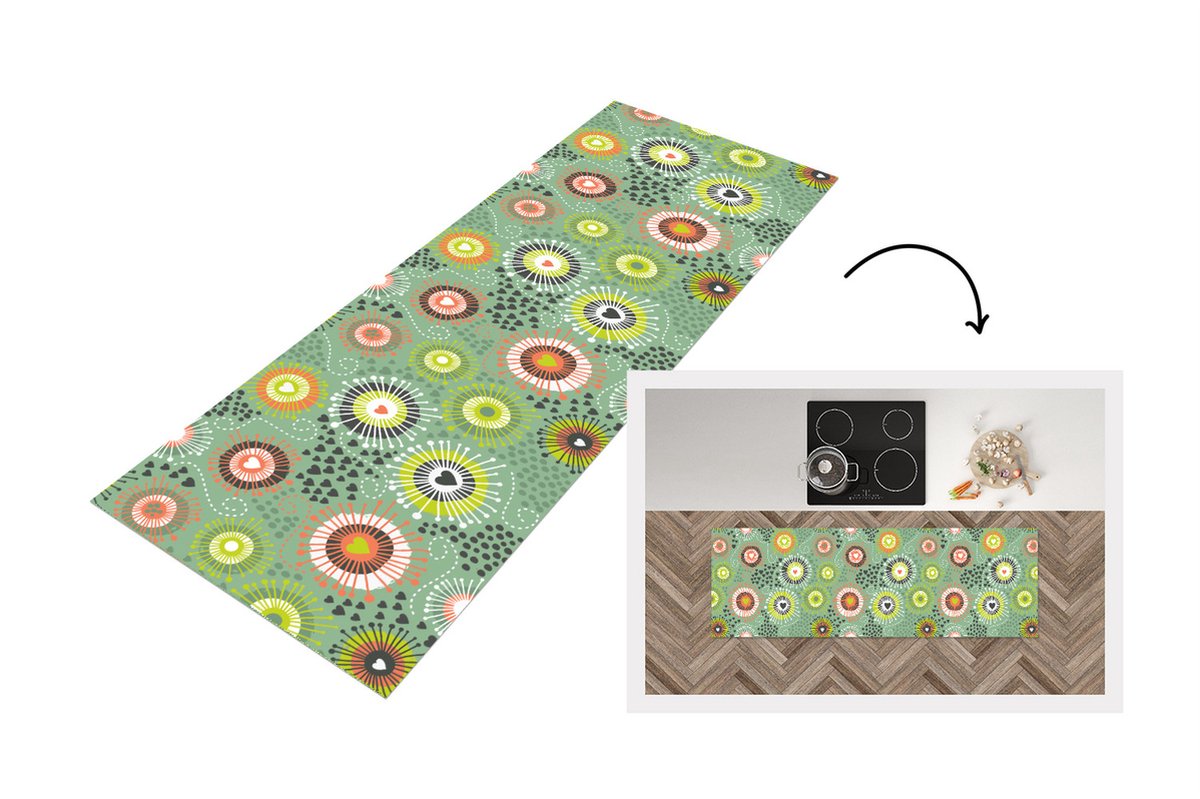 KitchenYeah Keukenloper - Loper keuken - Bloem - Design - Hartjes - 150x50 cm - Keukenloper vinyl Multicolor