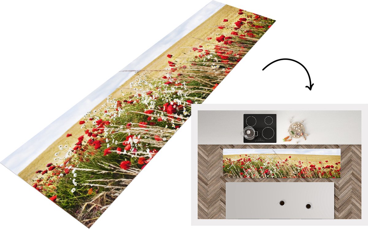 KitchenYeah Keukenloper - Loper keuken - Wolken - Bloemen - Rood - 200x50 cm - Keukenloper vinyl Multicolor