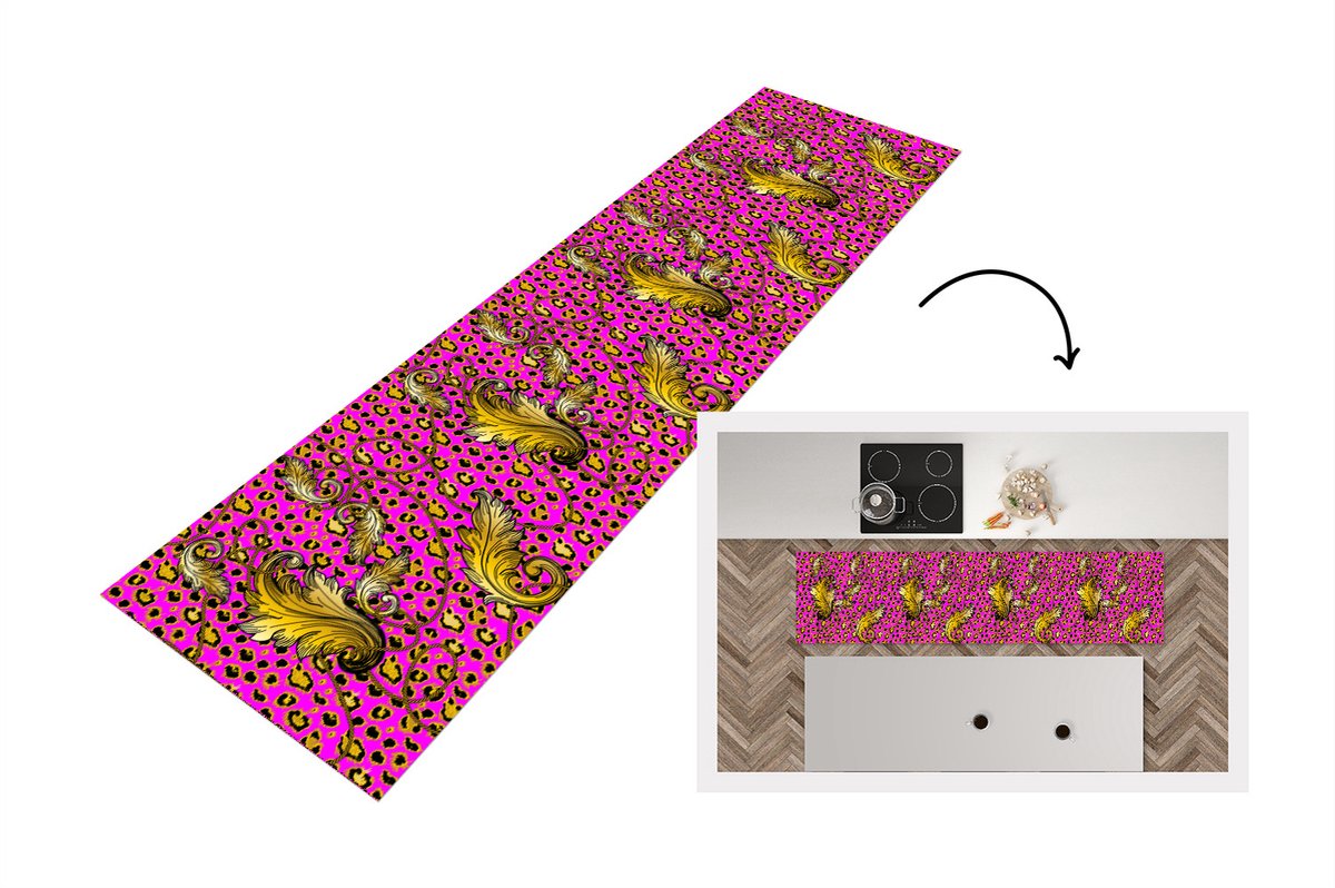 KitchenYeah Keukenloper - Loper keuken - Barok - Panter - Goud - Patroon - 200x50 cm - Keukenloper vinyl Multicolor