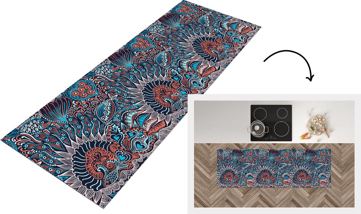 KitchenYeah Keukenloper - Loper keuken - Vis - Koraal - Onderwater - Abstract - Patroon - 150x50 cm - Keukenloper vinyl Multicolor