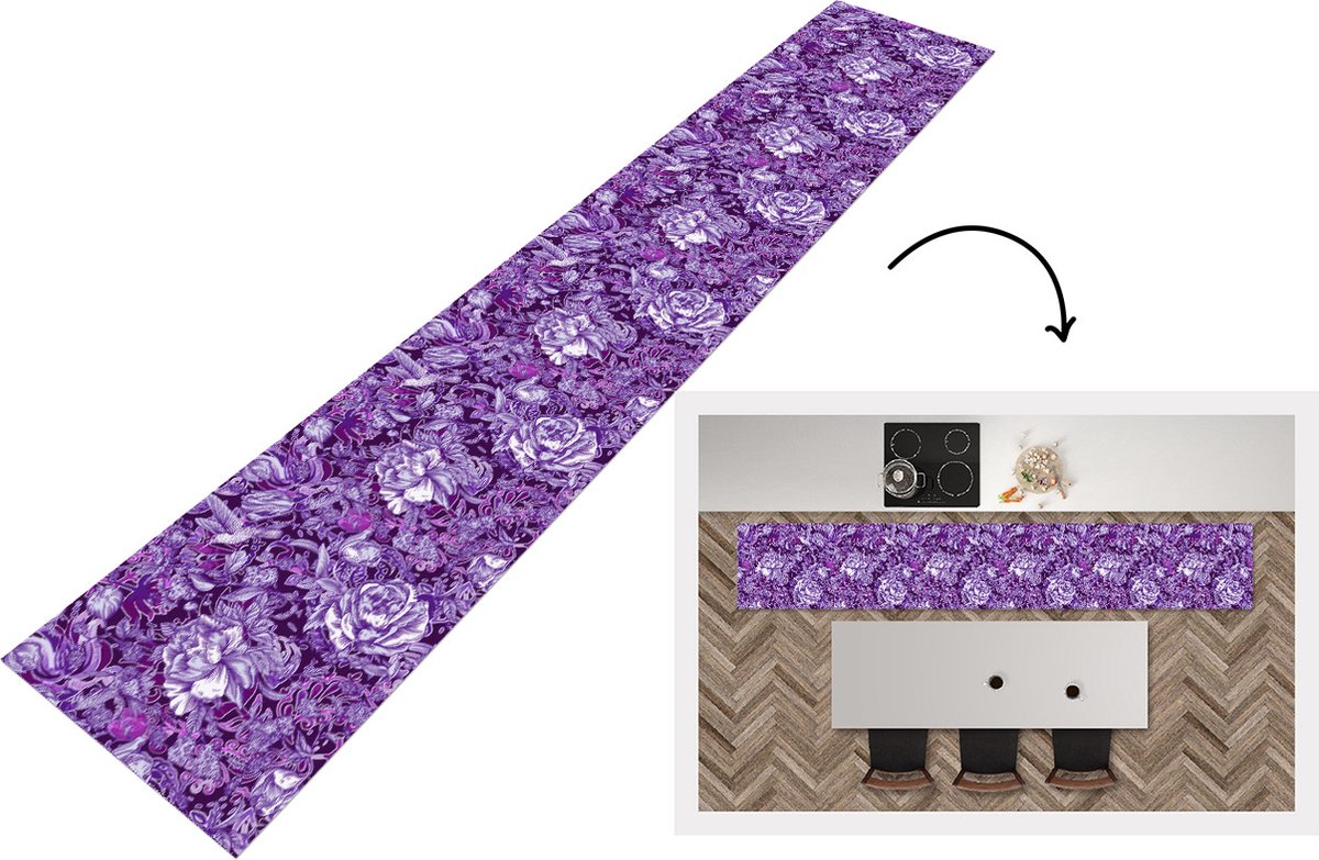 KitchenYeah Keukenloper - Loper keuken - Kolibrie - Rozen - Paars - 300x50 cm - Keukenloper vinyl Multicolor