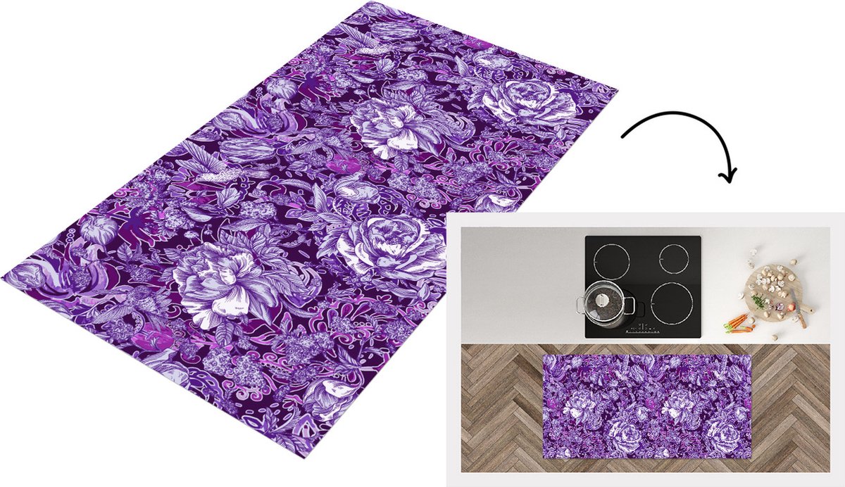 KitchenYeah Keukenloper - Loper keuken - Kolibrie - Rozen - Paars - 120x60 cm - Keukenloper vinyl Multicolor