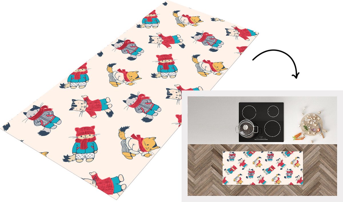 KitchenYeah Keukenloper - Loper keuken - Winter - Kat - Dieren - Patroon - 120x50 cm - Keukenloper vinyl Multicolor