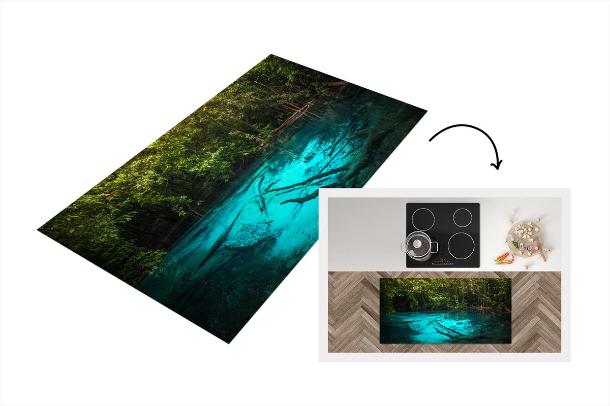 KitchenYeah Keukenloper - Loper keuken - Helderblauw meer in de jungle - 120x60 cm - Keukenloper vinyl Multicolor