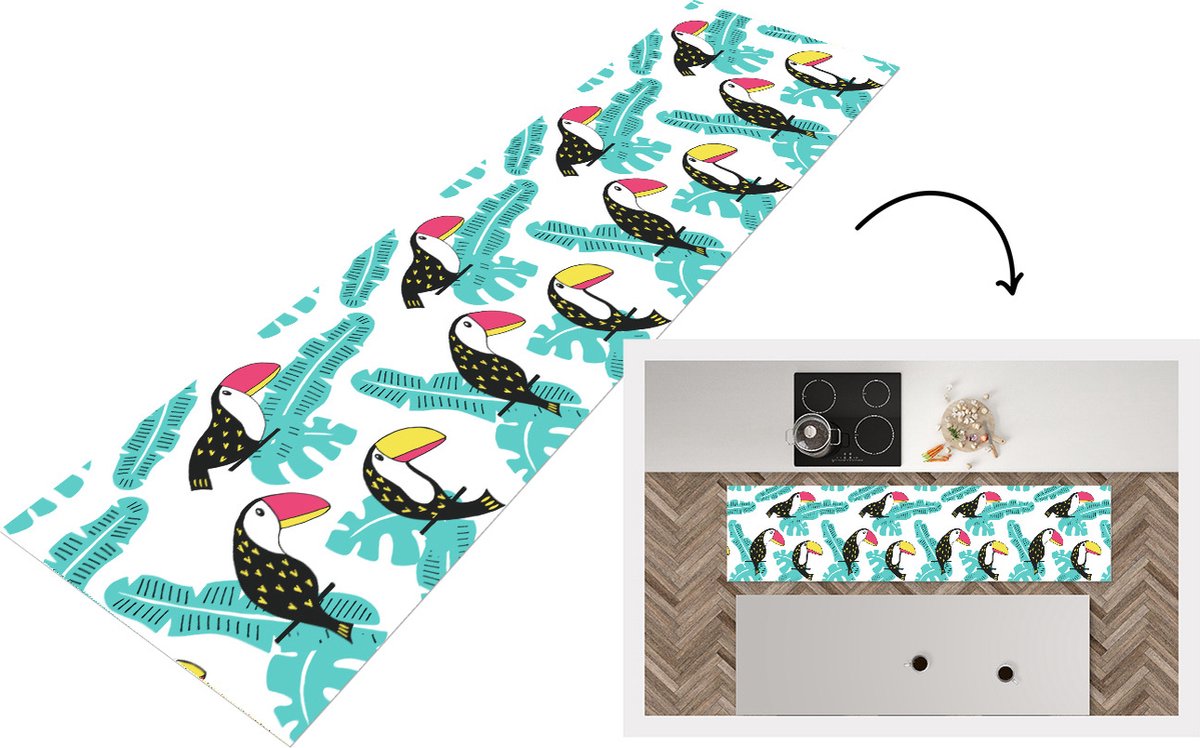 KitchenYeah Keukenloper - Loper keuken - Patroon - Jungle - Toekan - 200x50 cm - Keukenloper vinyl Multicolor