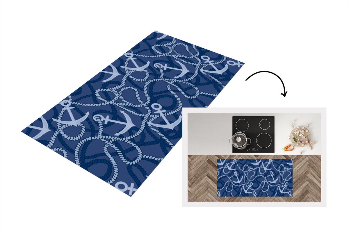 KitchenYeah Keukenloper - Loper keuken - Patronen - Anker - Touw - 120x60 cm - Keukenloper vinyl Multicolor