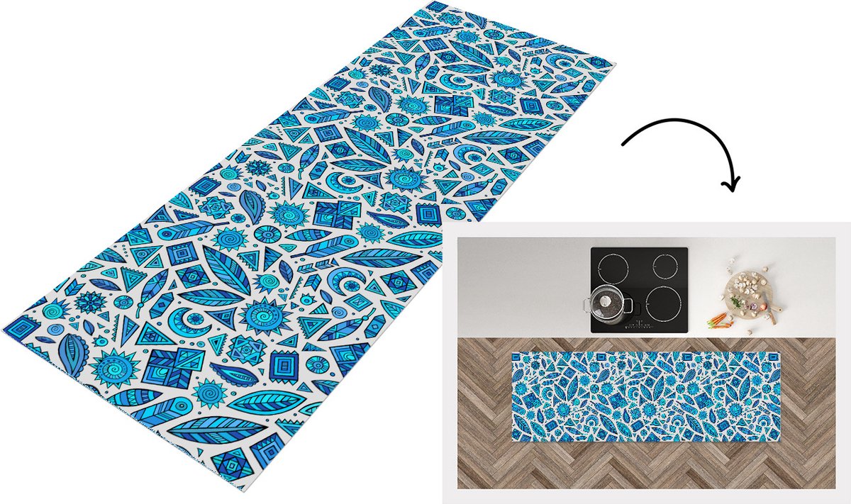 KitchenYeah Keukenloper - Loper keuken - Blauw - Patronen - Veren - Maan - 180x60 cm - Keukenloper vinyl Multicolor