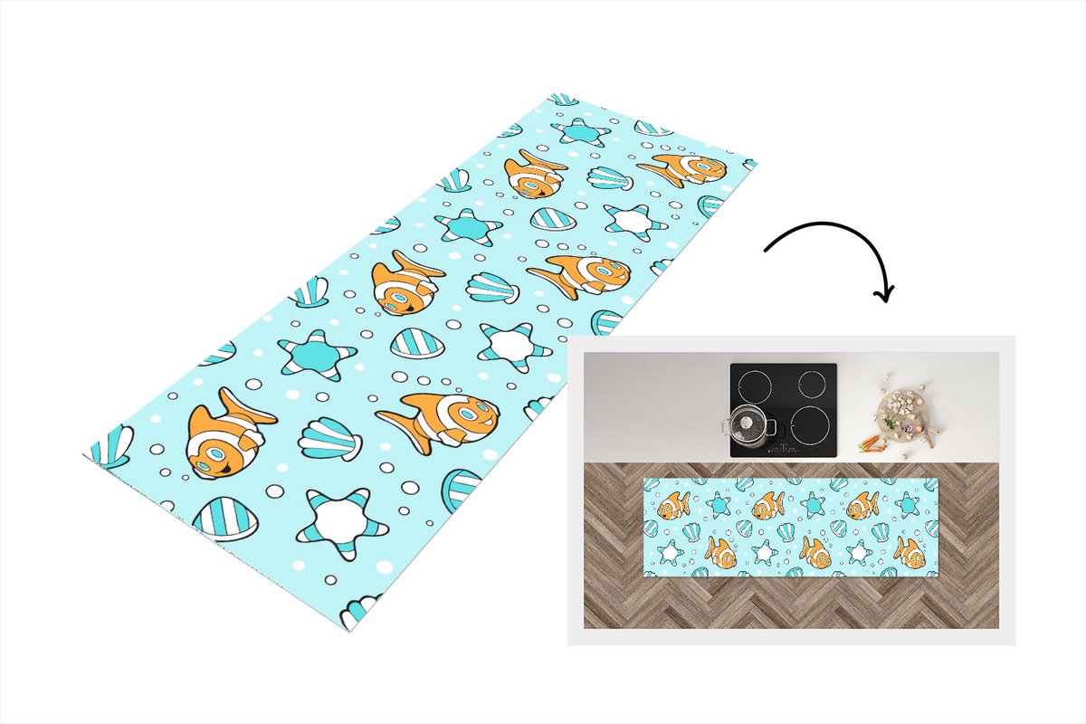 KitchenYeah Keukenloper - Loper keuken - Patroon - Clownvis - Zee - Dieren - 180x60 cm - Keukenloper vinyl Multicolor