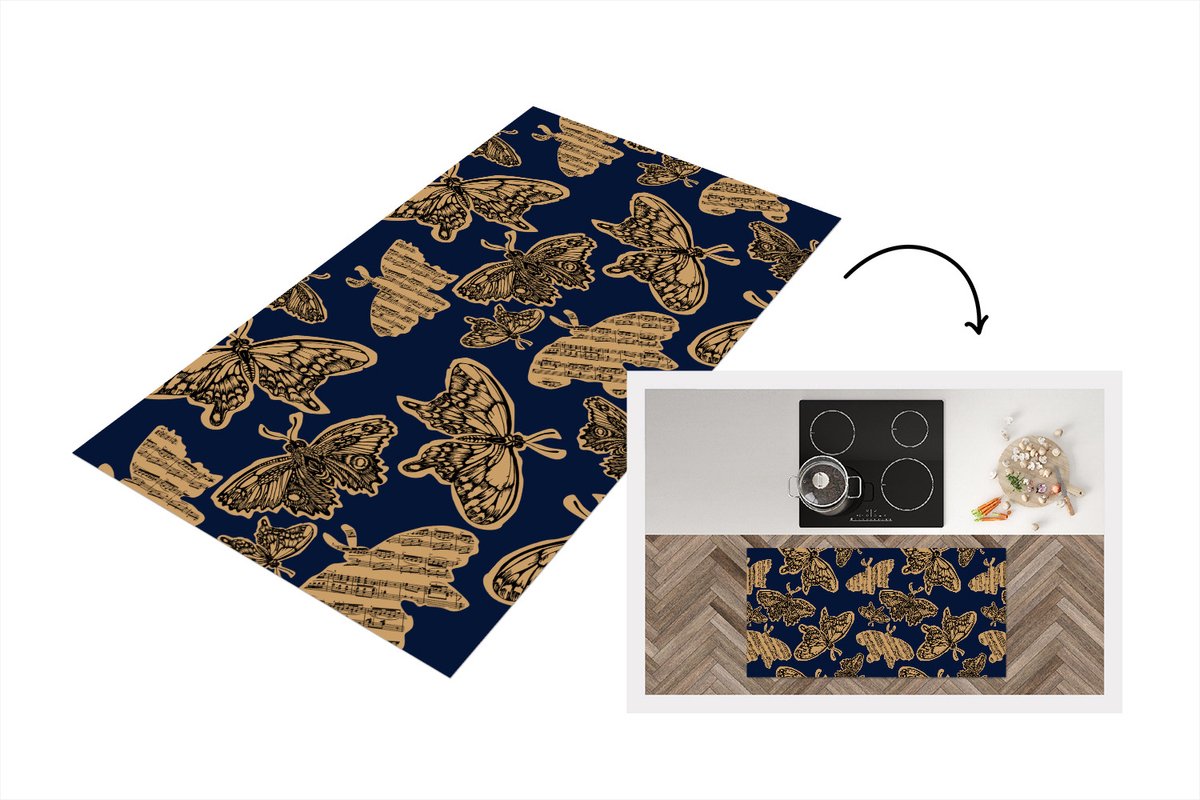KitchenYeah Keukenloper - Loper keuken - Patroon - Muziek - Vlinders - 120x60 cm - Keukenloper vinyl Multicolor