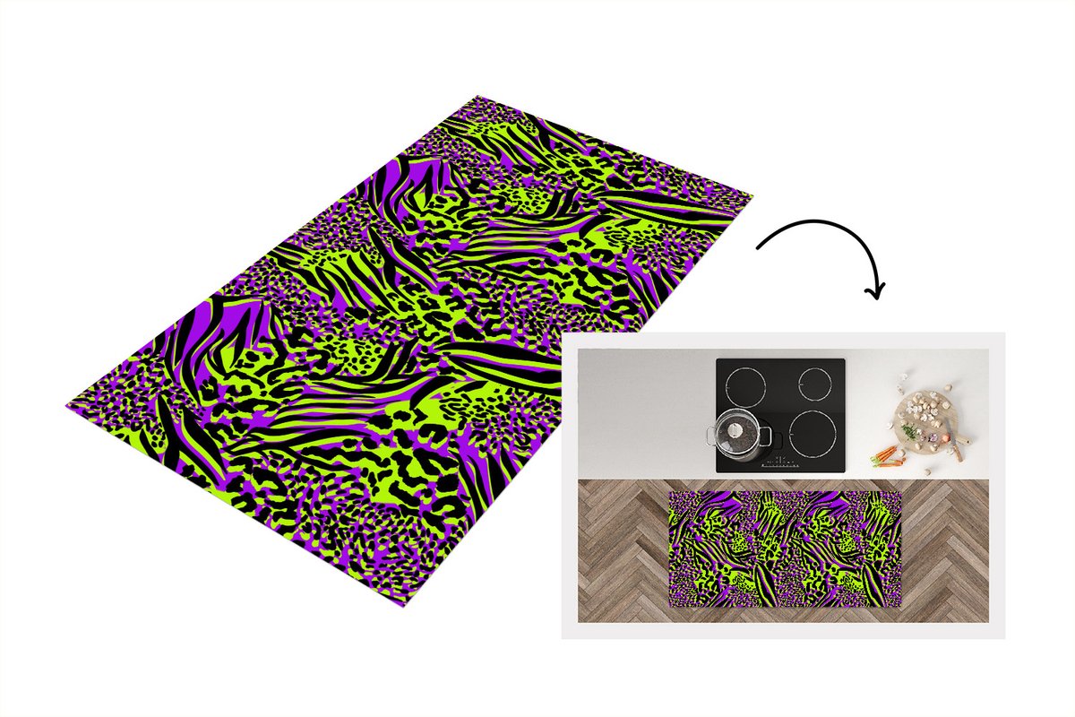 KitchenYeah Keukenloper - Loper keuken - Dierenprint - Paars - Groen - Neon - 120x60 cm - Keukenloper vinyl Multicolor