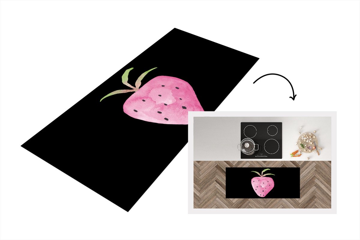 Keukenloper - Loper keuken - Aardbei - Aquarelverf - Zwart - 120x50 cm - Keukenloper vinyl