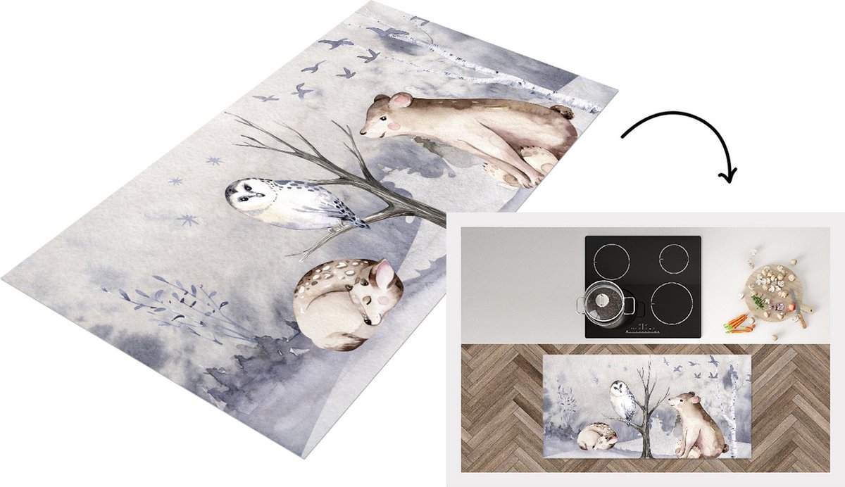 KitchenYeah Keukenloper - Loper keuken - Winter - Bos - Dieren - 120x60 cm - Keukenloper vinyl Multicolor