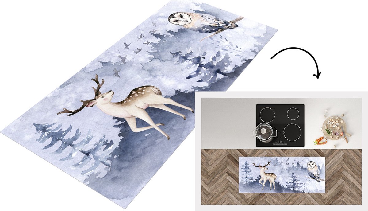 KitchenYeah Keukenloper - Loper keuken - Winter - Hert - Uil - 120x50 cm - Keukenloper vinyl Multicolor