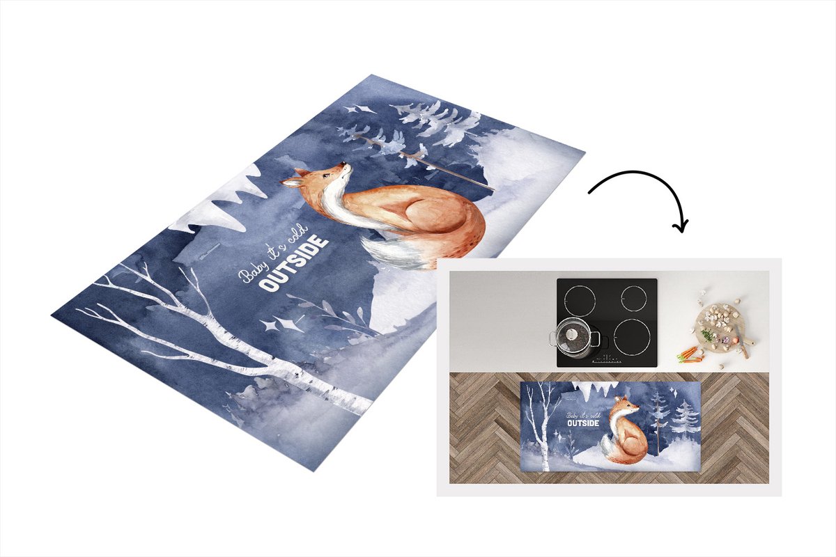 KitchenYeah Keukenloper - Loper keuken - Vos - Winter - Sneeuw - 120x60 cm - Keukenloper vinyl Multicolor