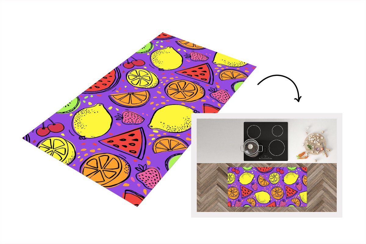 KitchenYeah Keukenloper - Loper keuken - Fruit - Neon - Paars - 120x60 cm - Keukenloper vinyl Multicolor