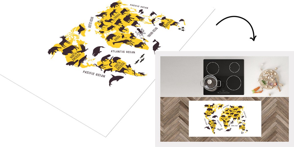 KitchenYeah Keukenloper - Loper keuken - Wereldkaart - Geel - Dieren - 120x60 cm - Keukenloper vinyl Multicolor