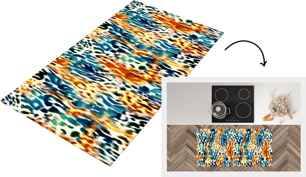 KitchenYeah Keukenloper - Loper keuken - Oranje - Blauw - Dierenprint - Patronen - 120x60 cm - Keukenloper vinyl Multicolor
